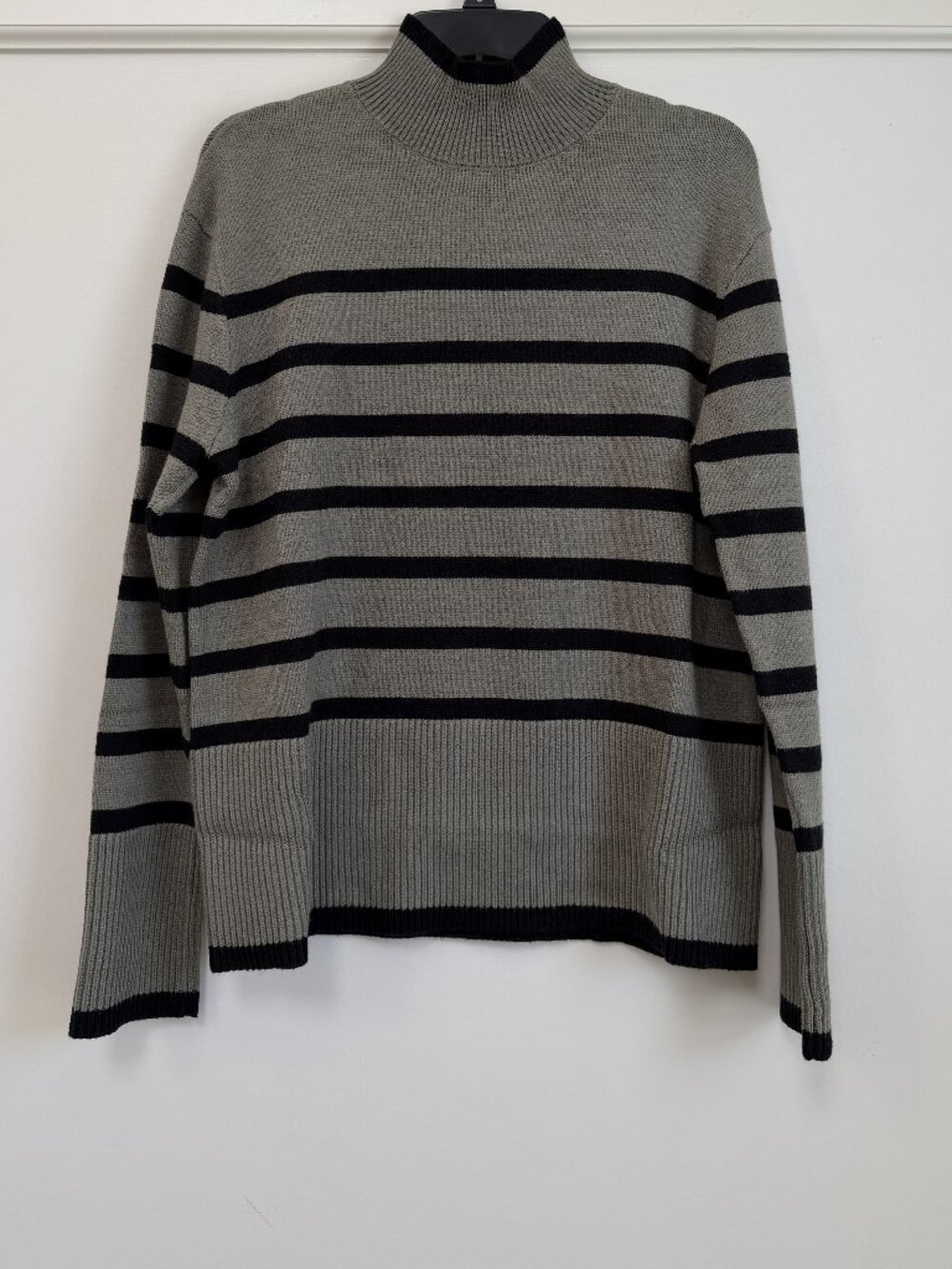 She + Sky Olive Black Stripe Mock Neck Sweater Viscose Blend Knit S M L NWT